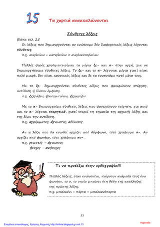 53
ΤΤΤααα χχχαααρρρτττιιιάάά ααανννααακκκυυυκκκλλλώώώνννοοονννττταααιιι
Σύνθετες λέξεις
βλέπε σελ. 25
Οι λέξεις που δηµιουργούνται αν ενώσουµε δύο διαφορετικές λέξεις λέγονται
σύνθετες.
π.χ. ανεβαίνω + κατεβαίνω = ανεβοκατεβαίνω
Πολλές φορές χρησιµοποιούµαι τα µόρια ξε- και α- στην αρχή, για να
δηµιουργήσουµε σύνθετες λέξεις. Το ξε- και το α- λέγονται µόρια γιατί είναι
πολύ µικρά, δεν είναι κανονικές λέξεις και δε τα συναντάµε ποτέ µόνα τους.
Με το ξε- δηµιουργούνται σύνθετες λέξεις που φανερώνουν στέρηση,
αντίθεση ή δίνουν έµφαση.
π.χ. ξεγράφω, ξεκουµπώνω, ξεχωρίζω
Με το α- δηµιουργούµε σύνθετες λέξεις που φανερώνουν στέρηση, για αυτό
και το α- λέγεται στερητικό, γιατί στερεί τη σηµασία της αρχικής λέξης και
της δίνει την αντίθετη.
π.χ. αγράµµατος, άγνωστος, αδύνατος
Αν η λέξη που θα ενωθεί αρχίζει από σύµφωνο, τότε γράφουµε α-. Αν
αρχίζει από φωνήεν, τότε γράφουµε αν- .
π.χ. γνωστός – άγνωστος
ήσυχος – ανήσυχος
Τι να προσέξω στην ορθογραφία!!!
Πολλές λέξεις, όταν ενώνονται, παίρνουν ανάµεσά τους ένα
φωνήεν, το ο, το οποίο µπαίνει στη θέση της κατάληξης
της πρώτης λέξης.
π.χ. µπαλκόνι + πόρτα = µπαλκονόπορτα
mgavala
Επιμέλεια επανάληψης: Χρήστος Χαρμπής http://kritiria.blogspot.gr σελ.13
 