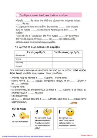 Να κλίνεις το ουσιαστικό «το καράβι»
Ενικός αριθμός Πληθυντικός αριθμός
Ονομαστική
Γενική
Αιτιατική
Κλητική
Ευνίκη Τοκατλή
Επιμέλεια επανάληψης: Χρήστος Χαρμπής http://kritiria.blogspot.gr σελ.82
 