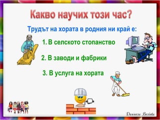 Трудът на хората в родния ни край е:
1. В селското стопанство
2. В заводи и фабрики
3. В услуга на хората
 