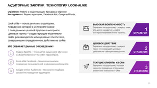 АУДИТОРНЫЕ ЗАКУПКИ: ТЕХНОЛОГИЯ LOOK-ALIKE
10
1
СТРАТЕГИЯ
ВЫСОКАЯ ВОВЛЕЧЕННОСТЬ
Таргетинг на аудиторию, схожую с теми,
кто долго находится на сайте
или просматривает много страниц
ЦЕЛЕВОЕ ДЕЙСТВИЕ
Таргетинг на аудиторию, схожую с
теми, кто совершает целевые
действия на сайте рекламодателя
2
СТРАТЕГИЯ
ТЕКУЩИЕ КЛИЕНТЫ ИЗ CRMиз
Таргетинг на аудиторию, которая
схожа по поведению с текущими
клиентами компании из CRM
3
СТРАТЕГИЯ
Look-alike – показ рекламы аудитории,
поведение которой в интернете схоже
с поведением целевой группы в интернете.
Целевая группа – существующие посетители
сайта рекламодателя или целевые посетители,
совершившие определенное действие на сайте.
КТО СОБИРАЕТ ДАННЫЕ О ПОВЕДЕНИИ?
Яндекс.Крипта – технология машинного обучение
на базе Матрикснет по 300+ параметрам.1
2
3
Look-alike Facebook – технология анализа
поведения пользователей в одноименной соцсети
Google Similar Audiences – технология подбора
схожей по поведение аудитории
Стратегия: Работа с существующим брендовым спросом
Инструменты: Яндекс.аудитории, Facebook Ads, Google adWords,
 