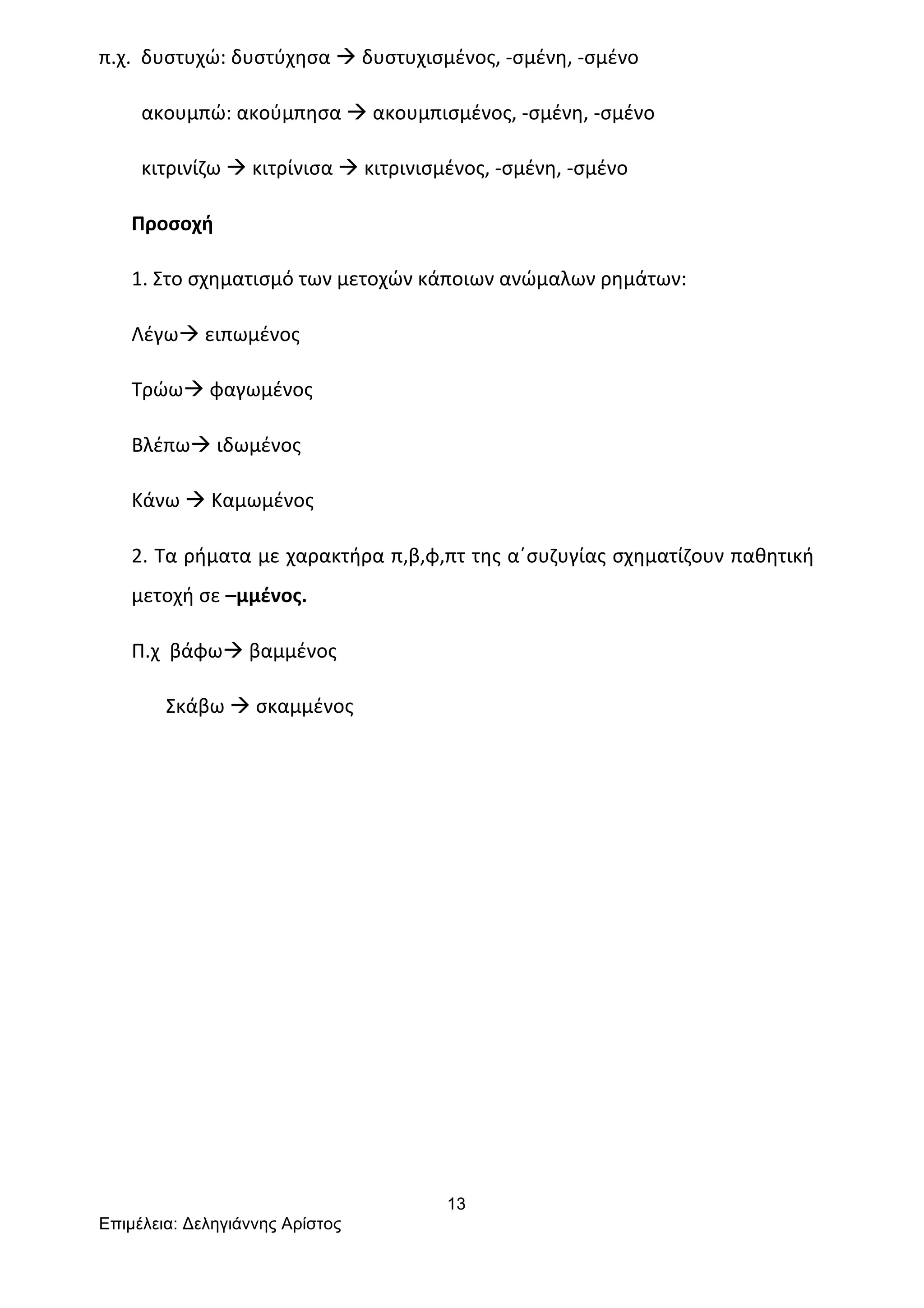 13
Επιµέλεια: Δεληγιάννης Αρίστος
π.χ.	
  	
  δυστυχώ:	
  δυστύχησα	
  à	
  δυστυχισμένος,	
  -­‐σμένη,	
  -­‐σμένο	
  
	
  	
  ακουμπώ:	
  ακούμπησα	
  à	
  ακουμπισμένος,	
  -­‐σμένη,	
  -­‐σμένο	
  
	
  	
  κιτρινίζω	
  à	
  κιτρίνισα	
  à	
  κιτρινισμένος,	
  -­‐σμένη,	
  -­‐σμένο	
  	
  
Προσοχή	
  	
  
1.	
  Στο	
  σχηματισμό	
  των	
  μετοχών	
  κάποιων	
  ανώμαλων	
  ρημάτων:	
  
Λέγωà	
  ειπωμένος	
  
Τρώωà	
  φαγωμένος	
  
Βλέπωà	
  ιδωμένος	
  
Κάνω	
  à	
  Καμωμένος	
  
2.	
  Τα	
  ρήματα	
  με	
  χαρακτήρα	
  π,β,φ,πτ	
  της	
  α΄συζυγίας	
  σχηματίζουν	
  παθητική	
  
μετοχή	
  σε	
  –μμένος.	
  
Π.χ	
  	
  βάφωà	
  βαμμένος	
  
	
  	
  	
  	
  	
  	
  	
  Σκάβω	
  à	
  σκαμμένος	
  
	
  
	
  
	
  
	
  
 