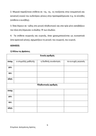 9
Επιµέλεια: Δεληγιάννης Αρίστος
	
  
2.	
  Μερικά	
  παροξύτονα	
  επίθετα	
  σε	
  –ης,	
  -­‐ης,	
  -­‐ες	
  τονίζονται	
  στην	
  ονομαστική	
  και	
  
αιτιατική	
  ενικού	
  του	
  ουδετέρου	
  γένους	
  στην	
  προπαραλήγουσα:	
  π.χ.	
  το	
  σύνηθες	
  
(επίθετο	
  ο	
  συνήθης).	
  	
  
3.	
  Όσα	
  λήγουν	
  σε	
  –ώδης	
  στη	
  γενική	
  πληθυντικού	
  και	
  στα	
  τρία	
  γένη	
  κατεβάζουν	
  
τον	
  τόνο	
  στη	
  λήγουσα:	
  ο	
  ελώδης	
  à	
  των	
  ελωδών.	
  
4.	
   	
   Τα	
   επίθετα	
   συγγενής	
   και	
   ευγενής,	
   όταν	
   χρησιμοποιούνται	
   ως	
   ουσιαστικά	
  
(στο	
  αρσενικό	
  γένος),	
  σχηματίζουν	
  τη	
  γενική:	
  του	
  συγγενή,	
  του	
  ευγενή.	
  
ΑΣΚΗΣΕΙΣ:	
  
1)	
  Κλίνω	
  τις	
  φράσεις.	
  
Ενικός	
  αριθμός	
  
ονομ.	
   ο	
  επιμελής	
  μαθητής	
   η	
  διεθνής	
  συνάντηση	
   το	
  ευτυχές	
  γεγονός	
  
γεν.	
   	
   	
   	
  
αιτ.	
   	
   	
   	
  
κλητ.	
   	
   	
   	
  
Πληθυντικός	
  αριθμός	
  
ονομ.	
   	
   	
   	
  
γεν.	
   	
   	
   	
  
αιτ.	
   	
   	
   	
  
κλητ.	
   	
   	
   	
  
	
  
 