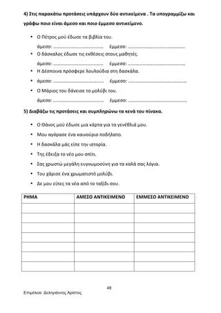 48
Επιµέλεια: Δεληγιάννης Αρίστος
4)	
  Στις	
  παρακάτω	
  προτάσεις	
  υπάρχουν	
  δύο	
  αντικείμενα	
  .	
  Τα	
  υπογραμμίζω	
  και	
  
γράφω	
  ποιο	
  είναι	
  άμεσο	
  και	
  ποιο	
  έμμεσο	
  αντικείμενο.	
  
• Ο	
  Πέτρος	
  μού	
  έδωσε	
  τα	
  βιβλία	
  του.	
  
άμεσο:	
  ……………………………………	
  	
  	
  	
  	
  έμμεσο:	
  …………………………………………	
  
• Ο	
  δάσκαλος	
  έδωσε	
  τις	
  εκθέσεις	
  στους	
  μαθητές.	
  
άμεσο:	
  ……………………………………	
  	
  	
  	
  	
  έμμεσο:	
  …………………………………………	
  
• Η	
  Δέσποινα	
  πρόσφερε	
  λουλούδια	
  στη	
  δασκάλα.	
  
• άμεσο:	
  …………………………………...	
  	
  	
  	
  	
  έμμεσο:	
  ……………………………………….…	
  
• Ο	
  Μάριος	
  του	
  δάνεισε	
  το	
  μολύβι	
  του.	
  
άμεσο:	
  …………………………………...	
  	
  	
  	
  	
  έμμεσο:	
  ………………………………….………	
  
5)	
  Διαβάζω	
  τις	
  προτάσεις	
  και	
  συμπληρώνω	
  τα	
  κενά	
  του	
  πίνακα.	
  
• Ο	
  Θάνος	
  μού	
  έδωσε	
  μια	
  κάρτα	
  για	
  τα	
  γενέθλιά	
  μου.	
  
• Μου	
  αγόρασε	
  ένα	
  καινούριο	
  ποδήλατο.	
  
• Η	
  δασκάλα	
  μάς	
  είπε	
  την	
  ιστορία.	
  
• Της	
  έδειξα	
  το	
  νέο	
  μου	
  σπίτι.	
  
• Σας	
  χρωστώ	
  μεγάλη	
  ευγνωμοσύνη	
  για	
  τα	
  καλά	
  σας	
  λόγια.	
  
• Του	
  χάρισε	
  ένα	
  χρωματιστό	
  μολύβι.	
  
• Δε	
  μου	
  είπες	
  τα	
  νέα	
  από	
  το	
  ταξίδι	
  σου.	
  
ΡΗΜΑ	
   ΑΜΕΣΟ	
  ΑΝΤΙΚΕΙΜΕΝΟ	
   ΕΜΜΕΣΟ	
  ΑΝΤΙΚΕΙΜΕΝΟ	
  
	
   	
   	
  
	
   	
   	
  
	
   	
   	
  
	
   	
   	
  
	
   	
   	
  
	
   	
   	
  
	
   	
   	
  
	
  
 