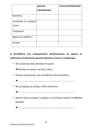 70
Επιµέλεια: Δεληγιάννης Αρίστος
	
   χρονικοί	
  
προσδιορισμοί	
  
τοπικοί	
  προσδιορισμοί	
  
προτάσεις	
   	
   	
  
ουσιαστικά	
   σε	
   αιτιατική	
  
πτώση	
  
	
   	
  
επιρρήματα	
  	
   	
   	
  
φράσεις	
  με	
  προθέσεις	
   	
   	
  
μετοχές	
   	
   	
  
	
  
2)	
   Αντικαθιστώ	
   τους	
   επιρρηματικούς	
   προσδιορισμούς	
   του	
   χρόνου	
   με	
  
ισοδύναμες	
  δευτερεύουσες	
  χρονικές	
  προτάσεις,	
  όπως	
  στο	
  παράδειγμα.	
  
• Με	
  τη	
  δύση	
  του	
  ηλίου	
  φτάναμε	
  στο	
  χωριό.	
  
è Φτάναμε	
  στο	
  χωριό,	
  ενώ	
  έδυε	
  ο	
  ήλιος.	
  
• Κατά	
  την	
  απουσία	
  σου,	
  μας	
  επισκέφτηκε	
  ο	
  θείος	
  Αγησίλαος.	
  	
  
è 	
  ………………………………………………………………………………………………..	
  
• Με	
  τον	
  ερχομό	
  της	
  άνοιξης,	
  η	
  φύση	
  ξανανιώνει.	
  
è ……………………………………………………………………………………..............	
  
• Μετά	
  το	
  τέλος	
  του	
  αγώνα,	
  οι	
  αρχηγοί	
  των	
  αντίπαλων	
  ομάδων	
  αντάλλαξαν	
  
χειραψία.	
  
è ………………………………………………………………………………………………...	
  
	
  
	
  
 