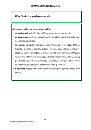 73
Επιµέλεια: Δεληγιάννης Αρίστος
	
  	
  	
  	
  	
  	
  	
  	
  	
  	
  	
  	
  	
  	
  	
  	
  	
  	
  	
  	
  	
  	
  	
  	
  	
  	
  	
  	
  	
  	
  	
  	
  	
  	
  	
  	
  	
  	
  	
  ΓΡΑΜΜΑΤΙΚΑ	
  ΦΑΙΝΟΜΕΝΑ	
  
	
  
Πότε	
  δύο	
  λέξεις	
  γράφονται	
  σε	
  μία;	
  
Λέξεις	
  που	
  γράφονται	
  σε	
  μία	
  είναι	
  οι	
  εξής:	
  
Ø τα	
  αριθμητικά	
  από	
  ο	
  13	
  έως	
  το	
  19:	
  δεκατρία,	
  δεκατέσσερα	
  κτλ.	
  
Ø οι	
  αντωνυμίες:	
  καθένας,	
  καθεμία,	
  καθένα,	
  καθετί,	
  κατιτί,	
  οποιοσδήποτε,	
  
οσοδήποτε,	
  οτιδήποτε	
  
Ø τα	
   άκλιτα:	
   απαρχής,	
   απεναντίας,	
   απευθείας,	
   αφότου,	
   αφού,	
   δηλαδή,	
  
διαμιάς,	
   ειδάλλως,	
   ειδεμή,	
   ενόσω,	
   εντάξει,	
   ενώ,	
   εξαιτίας,	
   εξάλλου,	
  
εξαρχής,	
   εξίσου,	
   επικεφαλής,	
   επιτέλους,	
   καθαυτό,	
   καθεξής,	
   καλημέρα,	
  
καληνύχτα,	
  καλησπέρα,	
  καληώρα,	
  καταγής,	
  κατευθείαν,	
  κιόλας,	
  μεμιάς,	
  
μολαταύτα,	
   μόλο(που),	
   μολονότι,	
   ολημέρα,	
   οληνύχτα,	
   ολωσδιόλου,	
  
οπουδήποτε,	
  οπωσδήποτε,	
  προπάντων,	
  υπόψη,	
  ωστόσο.	
  
Ø η	
  πρόθεση	
  σε	
  (σ)	
  με	
  τη	
  γενική	
  και	
  την	
  αιτιατική	
  του	
  άρθρου:	
  στου,	
  στον,	
  
στο	
  κτλ.	
  
	
  
	
  
 