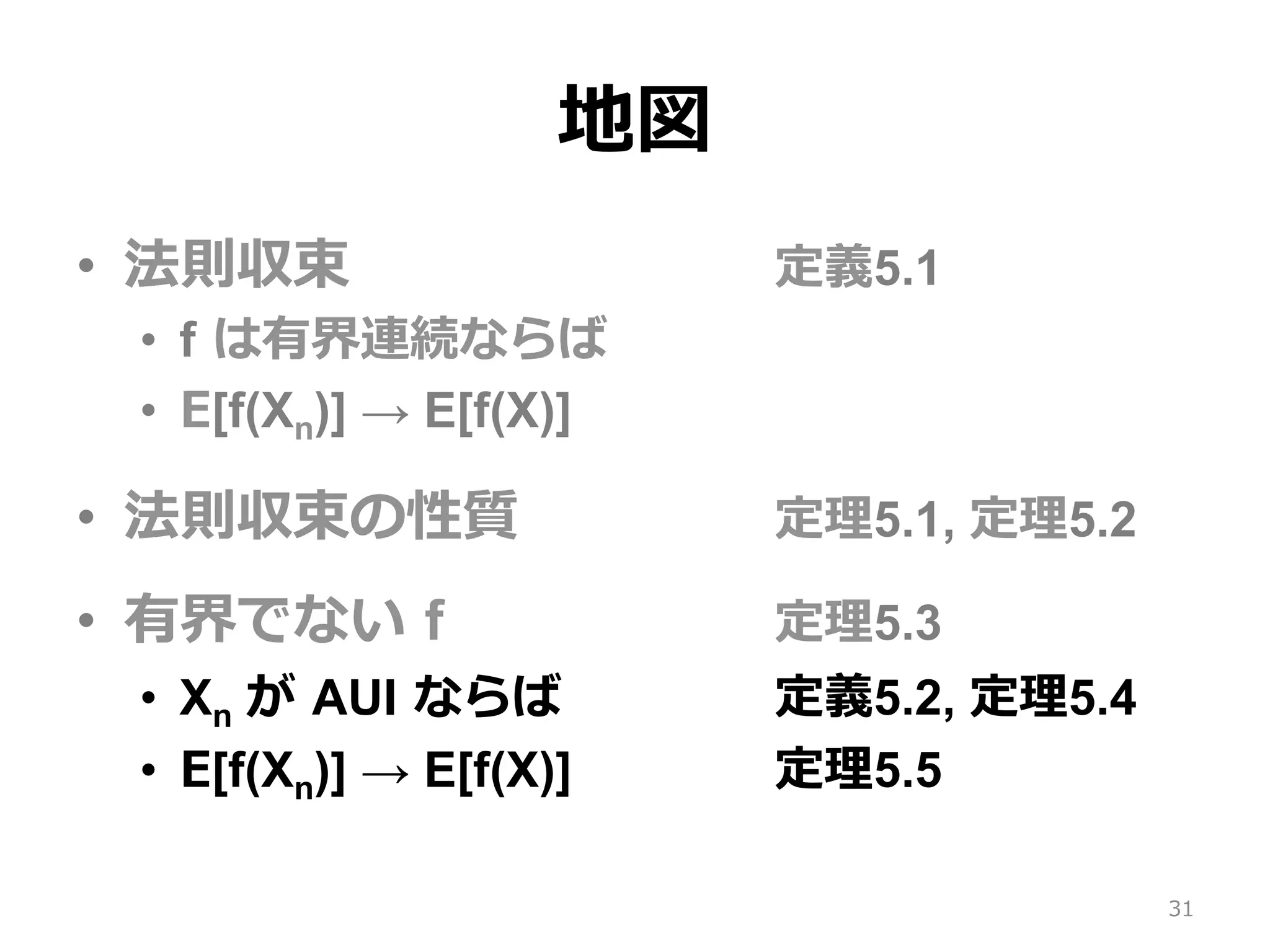 地図
•  法則収束 定義5.1
•  f は有界連続ならば
•  E[f(Xn)] → E[f(X)]
•  法則収束の性質 定理5.1, 定理5.2
•  有界でない f 定理5.3
•  Xn が AUI ならば 定義5.2, 定理5.4
•  E[f(Xn)] → E[f(X)] 定理5.5
31
 