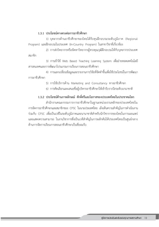 13คู่มือการประเมินและรับรองคุณภาพสถานศึกษา
13
1.3.1 ประโยชน์ทางตรงต่อการอาชีวศึกษา
1) บุคลากรด้านอาชีวศึกษาของไทยได้รับทุนฝึกอบรมระดับภูมิภาค (Regional
Program) และฝึกอบรมในประเทศ (In-Country Program) ในสาขาวิชาที่เกี่ยวข้อง
2) การส่งวิทยากรหรือจัดหาวิทยากรผู้ทรงคุณวุฒิฝึกอบรมให้กับบุคลากรประเทศ
สมาชิก
3) การเข้าใช้ Web Based Teaching Learning System เพื่อถ่ายทอดเทคโนโลยี
สารสนเทศและการพัฒนาโปรแกรมการเรียนการสอนอาชีวศึกษา
4) การแลกเปลี่ยนข้อมูลและรายงานการวิจัยที่จัดทาขึ้นเพื่อใช้ประโยชน์ในการพัฒนา
การอาชีวศึกษา
5) การใช้บริการด้าน Marketing and Consultancy ทางอาชีวศึกษา
6) การคัดเลือกและเสนอชื่อผู้บริหารอาชีวศึกษาให้เข้ารับรางวัลระดับนานาชาติ
1.3.2 ประโยชน์ด้านภาพลักษณ์ ศักดิ์ศรีและโอกาสของประเทศไทยในประชาคมโลก
สานักงานคณะกรรมการการอาชีวศึกษาในฐานะหน่วยงานหลักของประเทศไทยใน
การจัดการอาชีวศึกษาและสมาชิกของ CPSC ในนามประเทศไทย เล็งเห็นความสาคัญในการดาเนินงาน
ร่วมกับ CPSC เพื่อเป็นเวทีในระดับภูมิภาคและนานาชาติสาหรับนักวิชาการของไทยในการเผยแพร่
และแสดงความสามารถ ในงานวิชาการซึ่งเป็นเวทีสาคัญในการผลักดันให้ประเทศไทยเป็นศูนย์กลาง
ด้านการจัดการเรียนการสอนอาชีวศึกษาเป็นที่ยอมรับ
 