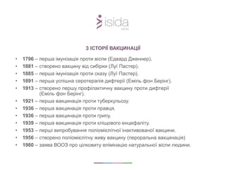 • 1796 – перша імунізація проти віспи (Едвард Дженнер).
• 1881 – створено вакцину від сибірки (Луї Пастер).
• 1885 – перша імунізація проти сказу (Луї Пастер).
• 1891 – перша успішна серотерапія дифтерії (Еміль фон Берінг).
• 1913 – створено першу профілактичну вакцину проти дифтерії
(Еміль фон Берінг).
• 1921 – перша вакцинація проти туберкульозу.
• 1936 – перша вакцинація проти правця.
• 1936 – перша вакцинація проти грипу.
• 1939 – перша вакцинація проти кліщового енцефаліту.
• 1953 – перші випробування поліомієлітної інактивованої вакцини.
• 1956 – створено поліомієлітну живу вакцину (пероральна вакцинація)
• 1980 – заява ВООЗ про цілковиту елімінацію натуральної віспи людини.
З ІСТОРІЇ ВАКЦИНАЦІЇ
 