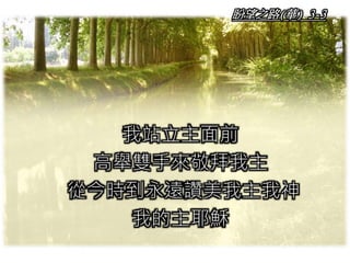 盼望之路(華) 3-3
我站立主面前
高舉雙手來敬拜我主
從今時到永遠讚美我主我神
我的主耶穌
 