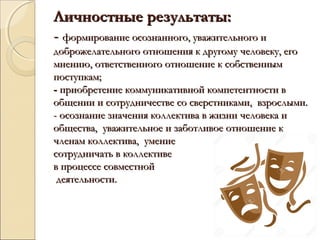 Личностные результаты:Личностные результаты:
-- формирование осознанного, уважительного иформирование осознанного, уважительного и
доброжелательного отношения к другому человеку, егодоброжелательного отношения к другому человеку, его
мнению, ответственного отношение к собственныммнению, ответственного отношение к собственным
поступкам;поступкам;
-- приобретение коммуникативной компетентности в приобретение коммуникативной компетентности в
общении и сотрудничестве со сверстниками, взрослыми.общении и сотрудничестве со сверстниками, взрослыми.
- осознание значения коллектива в жизни человека и- осознание значения коллектива в жизни человека и
общества, уважительное и заботливое отношение кобщества, уважительное и заботливое отношение к
членам коллектива, умениечленам коллектива, умение
сотрудничать в коллективесотрудничать в коллективе
в процессе совместнойв процессе совместной
деятельности.деятельности.
 