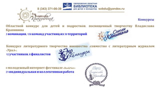8 (343) 371-00-39 sobdu@yandex.ru
Конкурсы
Областной конкурс для детей и подростков, посвященный творчеству Владислава
Крапивина
3 номинации, 130команд-участнициз30 территорий
Конкурсе литературного творчества юношества (совместно с литературным журналом
«Урал»)
12участников,8 финалистов
IIмолодежныйинтернет-фестивале«BookNet»
21индивидуальная иколлективнаяработа
 