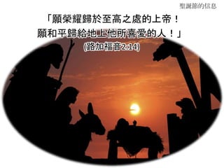 聖誕節的信息
「願榮耀歸於至高之處的上帝！
願和平歸給地上他所喜愛的人！」
(路加福音2:14)
 