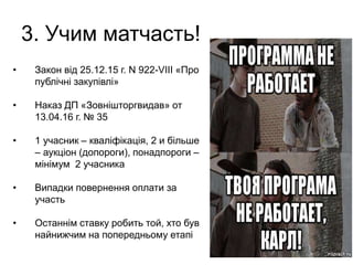 3. Учим матчасть!
• Закон від 25.12.15 г. N 922-VIII «Про
публічні закупівлі»
• Наказ ДП «Зовнішторгвидав» от
13.04.16 г. № 35
• 1 учасник – кваліфікація, 2 и більше
– аукціон (допороги), понадпороги –
мінімум 2 учасника
• Випадки повернення оплати за
участь
• Останнім ставку робить той, хто був
найнижчим на попередньому етапі
 
