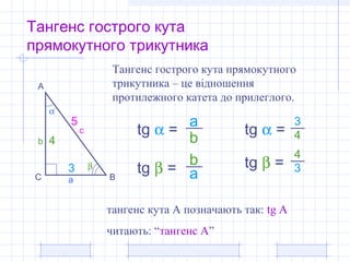 Тангенс гострого кута
прямокутного трикутника
А
ВС
α
β
a
b
c tg α =
tg β =
a
b
Тангенс гострого кута прямокутного
трикутника – це відношення
протилежного катета до прилеглого.
тангенс кута А позначають так: tg A
читають: “тангенс А”
3
4
tg α =
3
tg β =
5
4
b
a 3
4
 