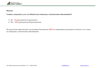 ООО "Маркетинговое агентство Зум Маркет" Тел.: +7 (495) 960-90-89 market@mazm.ru http://www.mazm.ru
Выводы:
Скажите, пожалуйста, есть ли в Вашей семье инвалиды с психическими заболеваниями?
 Да - 1% респондентов (1 респондент);
 Нет - 99% респондентов (99 респондентов).
По результатам маркетингового исследования большинство (99%) из опрошенных респондентов ответили, что в семье
нет инвалидов с психическими заболеваниями.
 