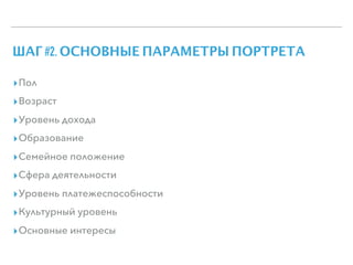 ШАГ #2. ОСНОВНЫЕ ПАРАМЕТРЫ ПОРТРЕТА
▸Пол
▸Возраст
▸Уровень дохода
▸Образование
▸Семейное положение
▸Сфера деятельности
▸Уровень платежеспособности
▸Культурный уровень
▸Основные интересы
 