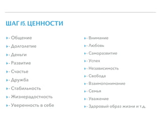 ШАГ #5. ЦЕННОСТИ
▸- Общение
▸- Долголетие
▸- Деньги
▸- Развитие
▸- Счастье
▸- Дружба
▸- Стабильность
▸- Жизнерадостность
▸- Уверенность в себе
▸- Внимание
▸- Любовь
▸- Саморазвитие
▸- Успех
▸- Независимость
▸- Свобода
▸- Взаимопонимание
▸- Семья
▸- Уважение
▸- Здоровый образ жизни и т.д.
 