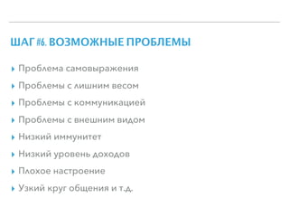 ШАГ #6. ВОЗМОЖНЫЕ ПРОБЛЕМЫ
▸ Проблема самовыражения
▸ Проблемы с лишним весом
▸ Проблемы с коммуникацией
▸ Проблемы с внешним видом
▸ Низкий иммунитет
▸ Низкий уровень доходов
▸ Плохое настроение
▸ Узкий круг общения и т.д.
 