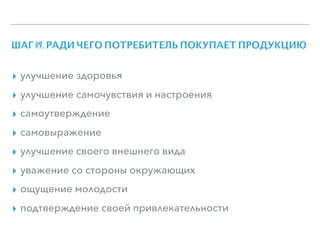 ШАГ #9. РАДИ ЧЕГО ПОТРЕБИТЕЛЬ ПОКУПАЕТ ПРОДУКЦИЮ
▸ улучшение здоровья
▸ улучшение самочувствия и настроения
▸ самоутверждение
▸ самовыражение
▸ улучшение своего внешнего вида
▸ уважение со стороны окружающих
▸ ощущение молодости
▸ подтверждение своей привлекательности
 