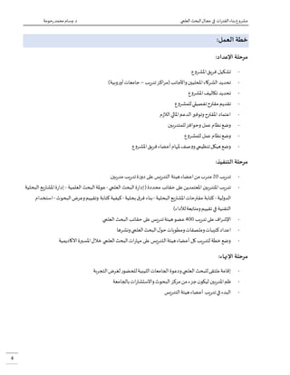 ‫العلمي‬ ‫البحث‬‫مجال‬ ‫في‬ ‫ات‬‫ر‬‫القد‬‫بناء‬‫مشروع‬‫حومة‬‫ر‬‫محمد‬ ‫وسام‬.‫د‬
4
:‫العمل‬ ‫خطة‬
:‫اإلعداد‬ ‫مرحلة‬
-‫فريق‬ ‫تشكيل‬‫ع‬‫و‬‫املشر‬.
-‫الشركاء‬ ‫تحديد‬‫يب‬‫ر‬‫تد‬‫(مراكز‬‫واألجانب‬‫املحليين‬–)‫وبية‬‫ر‬‫أو‬‫جامعات‬
-‫ع‬‫و‬‫املشر‬‫تكاليف‬ ‫تحديد‬
-‫ع‬‫و‬‫للمشر‬‫تفصيلي‬‫مقترح‬‫تقديم‬
-‫الدعم‬‫وتوفير‬‫املقترح‬ ‫اعتماد‬‫م‬‫ز‬‫الال‬‫املالي‬
-‫بين‬‫ر‬‫للمتد‬‫وحوافز‬ ‫عمل‬‫نظام‬‫وضع‬
-‫ع‬‫و‬‫للمشر‬ ‫عمل‬‫نظام‬‫وضع‬
-‫ع‬‫و‬‫املشر‬‫فريق‬‫أعضاء‬‫ملهام‬‫صف‬‫و‬‫و‬‫تنظيمي‬‫هيكل‬‫وضع‬
:‫التنفيذ‬ ‫مرحلة‬
-‫يب‬‫ر‬‫تد‬54.‫بين‬‫ر‬‫مد‬ ‫يب‬‫ر‬‫تد‬‫ة‬‫ر‬‫دو‬ ‫على‬‫يس‬‫ر‬‫التد‬ ‫هيئة‬‫اعضاء‬‫من‬‫ب‬‫ر‬‫مد‬
-‫ة‬‫ر‬‫إدا‬(‫محددة‬ ‫حقائب‬ ‫على‬‫املعتمدين‬ ‫بين‬‫ر‬‫املتد‬ ‫يب‬‫ر‬‫تد‬‫العلمي‬ ‫البحث‬-‫العلمية‬ ‫البحث‬‫عوملة‬-‫ال‬ ‫يع‬‫ر‬‫املشا‬‫ة‬‫ر‬‫إدا‬‫بحثية‬
‫الدولية‬-‫البحثية‬‫يع‬‫ر‬‫املشا‬‫مقترحات‬ ‫كتابة‬-‫بحثية‬‫ق‬‫فر‬ ‫بناء‬-‫كتابة‬‫كيفية‬‫وتقييم‬‫وعرض‬‫البحوث‬-‫ا‬‫ستخدام‬
)‫لألداء‬‫ومتابعة‬‫تقييم‬‫في‬ ‫التقنية‬
-‫يب‬‫ر‬‫تد‬ ‫على‬‫اإلشراف‬044‫العلمي‬ ‫البحث‬ ‫حقائب‬ ‫على‬‫يس‬‫ر‬‫تد‬‫هيئة‬‫عضو‬
-‫ا‬‫ونشرها‬‫العلمي‬‫البحث‬‫ل‬‫حو‬‫ومطويات‬‫وملصقات‬‫كتيبات‬‫عداد‬
-‫االكاديمية‬‫املسيرة‬‫خالل‬ ‫العلمي‬‫البحث‬‫ات‬‫ر‬‫مها‬ ‫على‬‫يس‬‫ر‬‫التد‬‫هيئة‬‫أعضاء‬ ‫كل‬‫يب‬‫ر‬‫لتد‬ ‫خطة‬‫وضع‬
:‫اإلنهاء‬ ‫مرحلة‬
-‫التجربة‬‫لعرض‬‫ر‬‫للحضو‬‫الليبية‬‫الجامعات‬‫ودعوة‬‫العلمي‬ ‫للبحث‬‫ملتقى‬‫إقامة‬
-‫البحوث‬‫مركز‬‫من‬‫جزء‬‫ن‬‫ليكو‬ ‫بين‬‫ر‬‫املد‬‫ظم‬‫بالجامعة‬‫ات‬‫ر‬‫واالستشا‬
-‫يس‬‫ر‬‫التد‬‫هيئة‬‫أعضاء‬ ‫يب‬‫ر‬‫تد‬‫في‬ ‫البدء‬
 