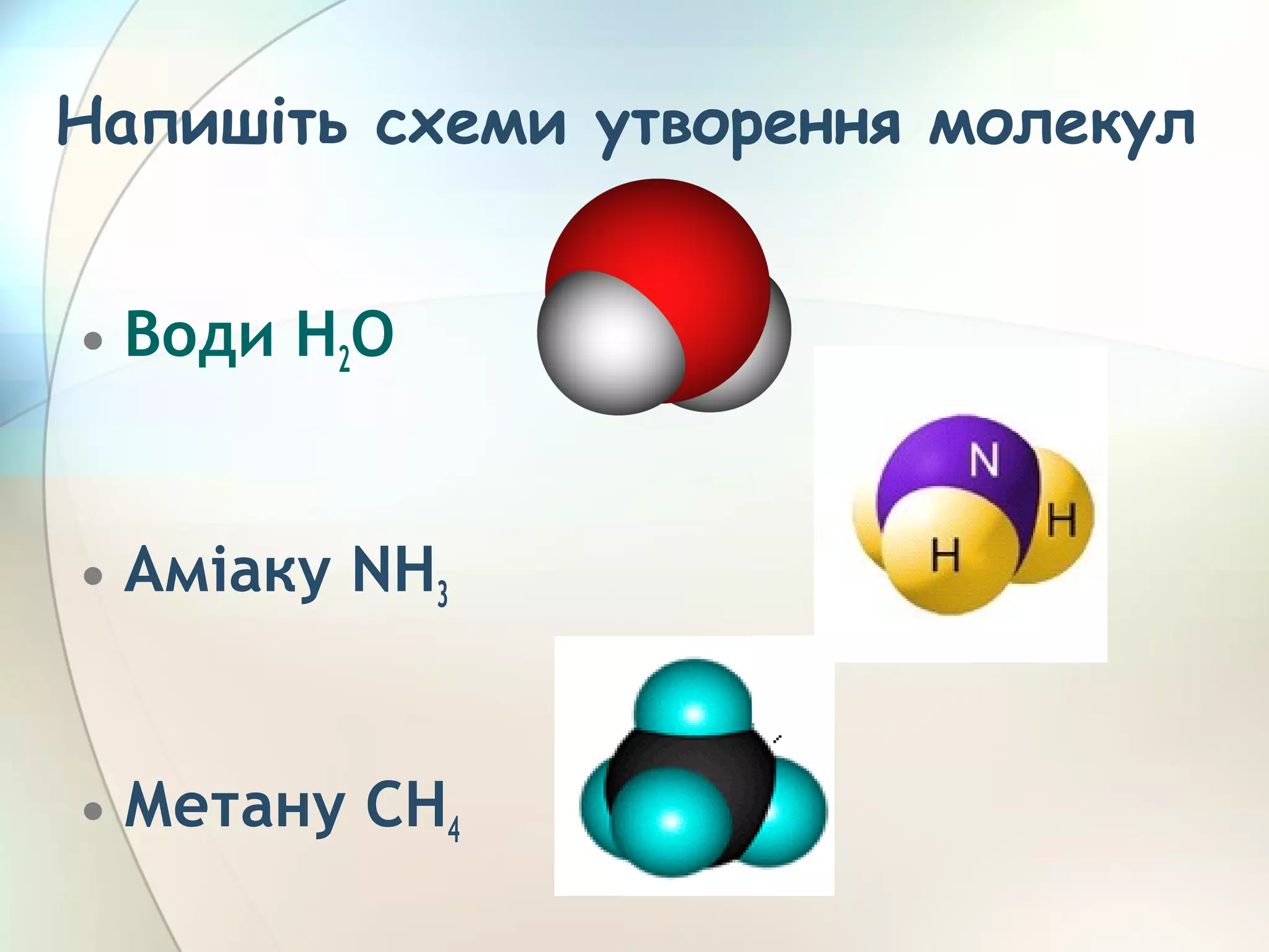 Напишіть схеми утворення молекул
• Води H2O
• Аміаку NH3
• Метану CH4
 