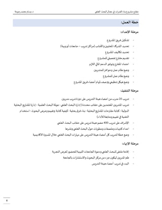 ‫العلمي‬ ‫البحث‬‫مجال‬ ‫في‬ ‫ات‬‫ر‬‫القد‬‫بناء‬‫مشروع‬ ‫مقترح‬‫حومة‬‫ر‬‫محمد‬ ‫وسام‬.‫د‬
4
:‫العمل‬ ‫خطة‬
:‫اإلعداد‬ ‫مرحلة‬
-‫فريق‬ ‫تشكيل‬‫ع‬‫و‬‫املشر‬.
-‫الشركاء‬ ‫تحديد‬‫يب‬‫ر‬‫تد‬‫(مراكز‬‫واألجانب‬‫املحليين‬–)‫وبية‬‫ر‬‫أو‬‫جامعات‬
-‫ع‬‫و‬‫املشر‬‫تكاليف‬ ‫تحديد‬
-‫ع‬‫و‬‫للمشر‬‫تفصيلي‬‫مقترح‬‫تقديم‬
-‫الدعم‬‫وتوفير‬‫املقترح‬ ‫اعتماد‬‫م‬‫ز‬‫الال‬‫املالي‬
-‫بين‬‫ر‬‫للمتد‬‫وحوافز‬ ‫عمل‬‫نظام‬‫وضع‬
-‫ع‬‫و‬‫للمشر‬ ‫عمل‬‫نظام‬‫وضع‬
-‫ع‬‫و‬‫املشر‬‫فريق‬‫أعضاء‬‫ملهام‬‫صف‬‫و‬‫و‬‫تنظيمي‬‫هيكل‬‫وضع‬
:‫التنفيذ‬ ‫مرحلة‬
-‫يب‬‫ر‬‫تد‬54.‫بين‬‫ر‬‫مد‬ ‫يب‬‫ر‬‫تد‬‫ة‬‫ر‬‫دو‬ ‫على‬‫يس‬‫ر‬‫التد‬ ‫هيئة‬‫اعضاء‬‫من‬‫ب‬‫ر‬‫مد‬
-‫ة‬‫ر‬‫إدا‬(‫محددة‬ ‫حقائب‬ ‫على‬‫املعتمدين‬ ‫بين‬‫ر‬‫املتد‬ ‫يب‬‫ر‬‫تد‬‫العلمي‬ ‫البحث‬-‫العلمية‬ ‫البحث‬‫عوملة‬-‫ال‬ ‫يع‬‫ر‬‫املشا‬‫ة‬‫ر‬‫إدا‬‫بحثية‬
‫الدولية‬-‫البحثية‬‫يع‬‫ر‬‫املشا‬‫مقترحات‬ ‫كتابة‬-‫بحثية‬‫ق‬‫فر‬ ‫بناء‬-‫كتابة‬‫كيفية‬‫وتقييم‬‫وعرض‬‫البحوث‬-‫ا‬‫ستخدام‬
)‫لألداء‬‫ومتابعة‬‫تقييم‬‫في‬ ‫التقنية‬
-‫يب‬‫ر‬‫تد‬ ‫على‬‫اإلشراف‬044‫العلمي‬ ‫البحث‬ ‫حقائب‬ ‫على‬‫يس‬‫ر‬‫تد‬‫هيئة‬‫عضو‬
-‫ا‬‫ونشرها‬‫العلمي‬‫البحث‬‫ل‬‫حو‬‫ومطويات‬‫وملصقات‬‫كتيبات‬‫عداد‬
-‫االكاديمية‬‫املسيرة‬‫خالل‬ ‫العلمي‬‫البحث‬‫ات‬‫ر‬‫مها‬ ‫على‬‫يس‬‫ر‬‫التد‬‫هيئة‬‫أعضاء‬ ‫كل‬‫يب‬‫ر‬‫لتد‬ ‫خطة‬‫وضع‬
:‫اإلنهاء‬ ‫مرحلة‬
-‫التجربة‬‫لعرض‬‫ر‬‫للحضو‬‫الليبية‬‫الجامعات‬‫ودعوة‬‫العلمي‬ ‫للبحث‬‫ملتقى‬‫إقامة‬
-‫البحوث‬‫مركز‬‫من‬‫جزء‬‫ن‬‫ليكو‬ ‫بين‬‫ر‬‫املد‬‫ظم‬‫بالجامعة‬‫ات‬‫ر‬‫واالستشا‬
-‫يس‬‫ر‬‫التد‬‫هيئة‬‫أعضاء‬ ‫يب‬‫ر‬‫تد‬‫في‬ ‫البدء‬
 