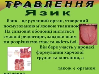 Язик – це рухливий орган, утворений
посмугованою м’язовою тканиною.
На слизовій оболонці містяться
смакові рецептори, завд...