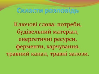 Ключові слова: потреби,
будівельний матеріал,
енергетичні ресурси,
ферменти, харчування,
травний канал, травні залози.
 