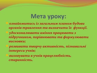 Мета уроку:
ознайомитись із загальним планом будови
органів травлення та визначити їх функції.
удосконалювати вміння пра...
