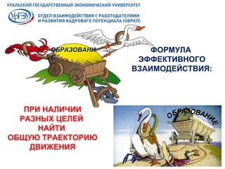 ОБРАЗОВАНИ
Е
ФОРМУЛА
ЭФФЕКТИВНОГО
ВЗАИМОДЕЙСТВИЯ:
ПРИ НАЛИЧИИ
РАЗНЫХ ЦЕЛЕЙ
НАЙТИ
ОБЩУЮ ТРАЕКТОРИЮ
ДВИЖЕНИЯ
 