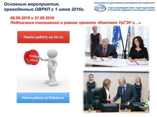 Основные мероприятия,
проведенные ОВРКП с 1 июня 2016г.
08.09.2016 и 21.09.2016
Подписание соглашений в рамках проекта «Контакт УрГЭУ с…»
 