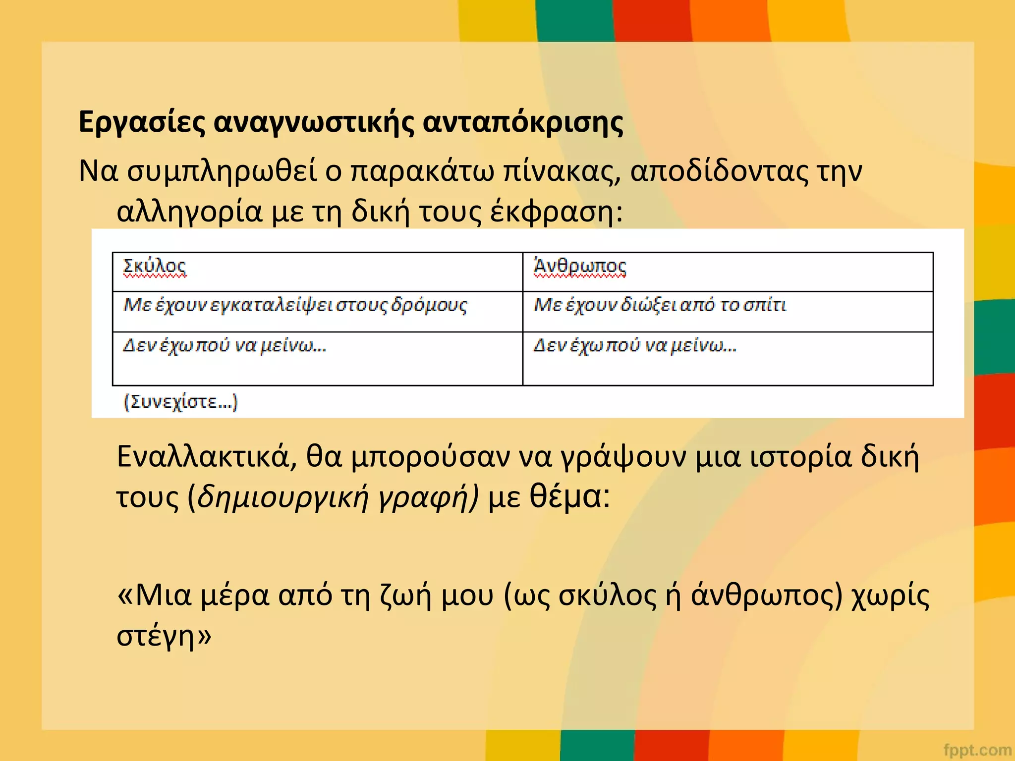 Εργασίες αναγνωστικής ανταπόκρισης
Να συμπληρωθεί ο παρακάτω πίνακας, αποδίδοντας την
αλληγορία με τη δική τους έκφραση:
Εναλλακτικά, θα μπορούσαν να γράψουν μια ιστορία δική
τους (δημιουργική γραφή) με θέμα:
«Μια μέρα από τη ζωή μου (ως σκύλος ή άνθρωπος) χωρίς
στέγη»
 