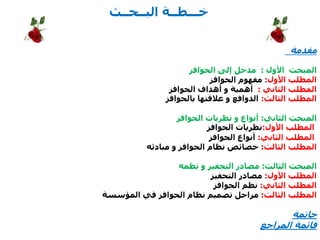 ‫البــحــث‬ ‫خـــطــة‬
‫مقدمة‬
‫ا‬‫لمبحث‬‫األول‬:‫الحوافز‬ ‫إلى‬ ‫مدخل‬
‫ال‬‫األول‬ ‫مطلب‬:‫الحوافز‬ ‫مفهوم‬
‫الم‬‫طلب‬‫الثاني‬:‫الحوافز‬ ‫أهداف‬ ‫و‬ ‫أهمية‬
‫الثالث‬ ‫المطلب‬:‫بالحوافز‬ ‫عالقتها‬ ‫و‬ ‫الدوافع‬
‫الثاني‬ ‫المبحث‬:‫الحوافز‬ ‫نظريات‬ ‫و‬ ‫أنواع‬
‫األ‬ ‫المطلب‬‫ول‬:‫الحوافز‬ ‫نظريات‬
‫ال‬ ‫المطلب‬‫ثاني‬:‫الحوافز‬ ‫أنواع‬
‫الثالث‬ ‫المطلب‬:‫مبادئه‬ ‫و‬ ‫الحوافز‬ ‫نظام‬ ‫خصائص‬
‫الثالث‬ ‫المبحث‬:‫نظمه‬ ‫و‬ ‫التحفيز‬ ‫مصادر‬
‫األول‬ ‫المطلب‬:‫التحفيز‬ ‫مصادر‬
‫الثاني‬ ‫المطلب‬:‫الحوافز‬ ‫نظم‬
‫الثالث‬ ‫المطلب‬:‫المؤسسة‬ ‫في‬ ‫الحوافز‬ ‫نظام‬ ‫تصميم‬ ‫مراحل‬
‫خاتمة‬
‫المراجع‬ ‫قائمة‬
 