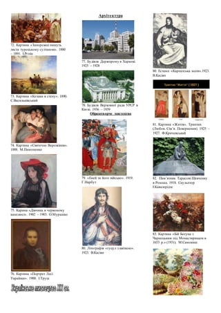 72. Картина «Запорожці пишуть
листа турецькому султанові». 1880
– 1891. І.Рєпін
73. Картина «Козаки в степу». 1890.
С.Васильківський
74. Картина «Святочне Ворожіння».
1888. М.Пимоненко
75. Карина «Дівчина в червоному
капелюсі». 1902 – 1903. О.Мурашко
76. Картина «Портрет Лесі
Українки». 1900. І.Труш
Архітектура
77. Будівля Держпрому в Харкові.
1925 – 1928
78. Будівля Верховної ради УРСР в
Києві. 1936 – 1939
Образотворче мистецтво
79. «Еней та його військо». 1919.
Г.Нарбут
80. Літографія «гуцул з квіткою».
1923. В.Касіян
80. Естамп «Карпатська мати».1923.
В.Касіян
81. Картина «Життя». Триптих
(Любов. Сім’я. Повернення). 1925 –
1927. Ф.Кричевський
82. Пам’ятник Тарасові Шевченку
в Ромнах. 1918. Скульптор
І.Кавалерідзе
83. Картина «Бій Богуна з
Чарнецьким під Монастирищем в
1653 р.» (1931). М.Самокиш
 