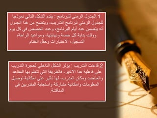 1.‫ا‬‫للبرنامج‬ ‫الزمني‬ ‫لجدول‬:‫نمو‬ ‫التالي‬ ‫الشكل‬ ‫يقدم‬‫ذجا‬
‫ال‬ ‫هذا‬ ‫من‬ ‫ويتضح‬ ،‫التدريب‬ ‫لبرنامج‬ ‫الزمني‬ ‫للجدول‬‫جدول‬
‫كل‬ ‫في‬ ‫الحصص‬ ‫وعدد‬ ،‫البرنامج‬ ‫أيام‬ ‫عدد‬ ‫يتضمن‬ ‫أنه‬‫يوم‬
،‫الراحة‬ ‫ومواعيد‬ ،‫ونهايتها‬ ‫حصة‬ ‫كل‬ ‫بداية‬ ‫ووقت‬
‫الختام‬ ‫وحفل‬ ‫االختبارات‬ ،‫التسجيل‬.
2.‫التدريب‬ ‫قاعات‬:‫الت‬ ‫لحجرة‬ ‫الداخلي‬ ‫الشكل‬ ‫يؤثر‬‫دريب‬
‫ا‬ ‫بها‬ ‫تنظم‬ ‫التي‬ ‫فالطريقة‬ ،‫االخير‬ ‫هذا‬ ‫فاعلية‬ ‫على‬‫لمقاعد‬
‫توص‬ ‫امكانية‬ ‫على‬ ‫تأثير‬ ‫لها‬ ،‫المدرب‬ ‫ومكان‬ ‫والمناضد‬‫يل‬
‫ف‬ ‫المتدربين‬ ‫واستجابة‬ ‫مشاركة‬ ‫وامكانية‬ ‫المعلومات‬‫ي‬
‫المناقشة‬.
 