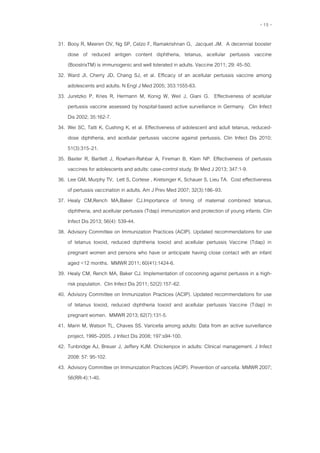 - 15 -
31. Booy R, Meeren OV, Ng SP, Celzo F, Ramakrishnan G, Jacquet JM. A decennial booster
dose of reduced antigen content diphtheria, tetanus, acellular pertussis vaccine
(BoostrixTM) is immunogenic and well tolerated in adults. Vaccine 2011; 29: 45–50.
32. Ward JI, Cherry JD, Chang SJ, et al. Efficacy of an acellular pertussis vaccine among
adolescents and adults. N Engl J Med 2005; 353:1555-63.
33. Juretzko P, Kries R, Hermann M, Konig W, Weil J, Giani G. Effectiveness of acellular
pertussis vaccine assessed by hospital-based active surveillance in Germany. Clin Infect
Dis 2002; 35:162-7.
34. Wei SC, Tatti K, Cushing K, et al. Effectiveness of adolescent and adult tetanus, reduced-
dose diphtheria, and acellular pertussis vaccine against pertussis. Clin Infect Dis 2010;
51(3):315–21.
35. Baxter R, Bartlett J, Rowhani-Rahbar A, Fireman B, Klein NP. Effectiveness of pertussis
vaccines for adolescents and adults: case-control study. Br Med J 2013; 347:1-9.
36. Lee GM, Murphy TV, Lett S, Cortese , Kretsinger K, Schauer S, Lieu TA. Cost effectiveness
of pertussis vaccination in adults. Am J Prev Med 2007; 32(3):186–93.
37. Healy CM,Rench MA,Baker CJ.Importance of timing of maternal combined tetanus,
diphtheria, and acellular pertussis (Tdap) immunization and protection of young infants. Clin
Infect Dis 2013; 56(4): 539-44.
38. Advisory Committee on Immunization Practices (ACIP). Updated recommendations for use
of tetanus toxoid, reduced diphtheria toxoid and acellular pertussis Vaccine (Tdap) in
pregnant women and persons who have or anticipate having close contact with an infant
aged <12 months. MMWR 2011; 60(41):1424-6.
39. Healy CM, Rench MA, Baker CJ. Implementation of cocooning against pertussis in a high-
risk population. Clin Infect Dis 2011; 52(2):157–62.
40. Advisory Committee on Immunization Practices (ACIP). Updated recommendations for use
of tetanus toxoid, reduced diphtheria toxoid and acellular pertussis Vaccine (Tdap) in
pregnant women. MMWR 2013; 62(7):131-5.
41. Marin M, Watson TL, Chaves SS. Varicella among adults: Data from an active surveillance
project, 1995–2005. J Infect Dis 2008; 197:s94-100.
42. Tunbridge AJ, Breuer J, Jeffery KJM. Chickenpox in adults: Clinical management. J Infect
2008: 57: 95-102.
43. Advisory Committee on Immunization Practices (ACIP). Prevention of varicella. MMWR 2007;
56(RR-4):1-40.
 