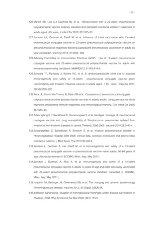 - 22 -
126.Manoff SB, Liss C,1 Caulfield Mj, et al. Revaccination with a 23-valent pneumococcal
polysaccharide vaccine Induces elevated and persistent functional antibody responses in
adults aged >65 years. J Infect Dis 2010; 201:525–33.
127.Jackson LA, Gurtman A, Cleeff M, et al. Influence of initial vaccination with 13-valent
pneumococcal conjugate vaccine or 23-valent pneumococcal polysaccharide vaccine on
anti-pneumococcal responses following subsequent pneumococcal vaccination in adults 50
years and older. Vaccine 2013; 31:3594– 602.
128.Advisory Committee on Immunization Practices (ACIP). Use of 13-valent pneumococcal
conjugate vaccine and 23-valent pneumococcal polysaccharide vaccine for adults with
immunocompromising conditions. MMWR2012; 61(40):816-9.
129.Schwarz TF, Flamaing J, Rümke HC, et al. A randomized,double blind trial to evaluate
immunogenicity and safety of 13-valent pneumococcal conjugate vaccine given
concomitantly with trivalent influenza vaccine in adults aged > 65 years. Vaccine 2011;
29(32):5195-202.
130.Roux A, Schmo¨ele-Thoma B, Siber GR,et al. Comparison of pneumococcal conjugate
polysaccharide and free polysaccharide vaccines in elderly adults: conjugate vaccine elicits
improved antibacterial immune responses and immunological memory. Clin Infect Dis 2008;
46:1015–23.
131.Srifeungfung S, Tribuddharat C, Comerungsee S, et al. Serotype coverage of pneumococcal
conjugate vaccine and drug susceptibility of Streptococcus pneumoniae isolated from
invasive or non-invasive diseases in central Thailand, 2006-2009. Vaccine 2010;28:3440-4.
132.Suwanpakdee D, Samakoses R, Sirinavin S, et al. Invasive pneumococcal disease in
Phramongkutklao Hospital 2004-2008: clinical data, serotype distribution and antimicrobial
resistance patterns. J Med Assoc Thai 2010;93:s40-5.
133.Jackson L, Gurtman A, van Cleeff M, et al. Immunogenicity and safety of a 13-valent
pneumococcal conjugate vaccine in pneumococcal vaccine naïve adults, 50–64 years of
age (Abstract presented in ECCMID, Milan, Italy; May 2011).
134.Jackson L Gurtman A, Rice K, et al. Immunogenicity and safety of a 13-valent
pneumococcal conjugate vaccine in adults 70 years of age and older previously vaccinated
with 23-valent pneumococcal polysaccharide vaccine (Abstract presented in ECCMID,
Milan, Italy; May 2011).
135.Halperin SA, Bettinger JA, Greenwood QB, et al. The changing and dynamic epidemiology
of meningococcal disease. Vaccine 2012; 30 (Suppl 2):B26-36.
136.Somboon Sanohsieng. Situation of meningococcal meningitis under disease surveillance in
Thailand, 2008. Wkly Epidemiol Sur Rep 2008; 39(7):113-5.
 