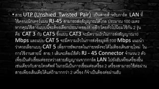 • สาย UTP (Unshied Twisted Pair) เป็นสายสาหรับการ์ด LAN ที่
ใช้คอนเน็กเตอร์แบบ RJ-45 สามารถส่งสัญญาณได้ไกล ประมาณ 100 เมตร
หากคุณใข้สายแบบนี้จะต้องเลือกประเภทของสายอีก โดยทั่วไปนิยมใช้กัน 2 รุ่น
คือ CAT 3 กับ CAT5 ซึ่งแบบ CAT3 จะมีความเร็วในการส่งสัญญาณ10
Mbps และแบบ CAT 5 จะมีความเร็วในการส่งข้อมูลที่ 100 Mbps แนะนา
ว่าควรเลือกแบบ CAT 5 เพื่อการอัพเกรดในภายหลังจะได้ไม่ต้องเดินสายใหม่ ใน
การใช้งานสายนี้ สาย 1 เส้นจะต้องใช้ตัว RJ - 45 Connector จานวน 2 ตัว
เพื่อเป็นตัวเชื่อมต่อระหว่างสายสัญญาณจากการ์ด LAN ไปยังฮับหรือเครื่องอื่น
เช่นเดียวกับสายโทรศัพท์ ในกรณีเป็นการเชื่อมต่อเครื่อง 2 เครื่องสามารถใช้ต่อผ่าน
สายเพียงเส้นเดียได้แต่ถ้ามากกว่า 2 เครื่อง ก็จาเป็นต้องต่อผ่านฮับ
 