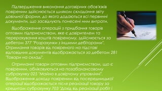 Підтвердження виконання договірних обов'язків
повіреним здійснюється шляхом складання звіту
довільної форми, до якого додаються всі первинні
документи, що засвідчують понесені ним витрати.
Відображення операцій з придбання товарів
оптовим підприємством, яке є довірителем та
перерахування коштів повіреному, здійснюється за
дебетом 377 "Розрахунки з іншими дебіторами".
Отримання товарів від повіреного на підставі
відповідних документів відображається за дебетом 281
"Товари на складі".
Отриманні товари оптовим підприємством, що є
повіреним, обліковуються на позабалансовому
субрахунку 025 "Майно в довірчому управлінні".
Відображення доходу повіреним від посередницької
операції відображається після реалізації товару за
кредитом субрахунку 703 "Дохід від реалізації робіт і
 