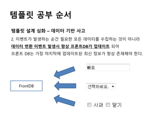 템플릿 공부 순서
2. 이벤트가 발생하는 순간 필요한 모든 데이터를 수집하는 것이 아니라
데이터 변환 이벤트 발생시 항상 프론트DB가 업데이트 되어
프론트 DB는 가장 마지막에 업데이트된 최신 정보가 항상 존재해야 한다.
템플릿 설계 심화 – 데이터 기반 사고
FrontDB
 