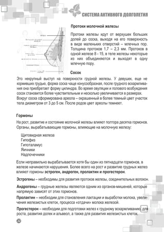 СИСТЕМА АКТИВНОГО ДОЛГОЛЕТИЯ
122
Протоки молочной железы
Протоки железы идут от верхушек больших
долей до соска, выходя на его поверхность
в виде маленьких отверстий – млечных пор.
Толщина протоков 1,7 – 2,3 мм. Протоков в
одной железе 8 - 15, в теле железы некоторые
из них объединяются и выходят в одну
млечную пору.
Сосок
Это некрупный выступ на поверхности грудной железы. У девушек, еще не
кормивших грудью, форма соска чаще конусообразная, после грудного вскармлива-
ния она приобретает форму цилиндра. Во время овуляции и полового возбуждения
сосок становится более чувствительным и несколько увеличивается в размерах.
Вокруг соска сформирована ареола – окрашенный в более темный цвет участок
тела диаметром от 3 до 5 см. После родов цвет ареолы темнеет.
Гормоны
На рост, развитие и состояние молочной железы влияют полтора десятка гормонов.
Органы, вырабатывающие гормоны, влияющие на молочную железу:
Щитовидная железа
Гипофиз
Гипоталамус
Яичники
Надпочечники
Если неправильно вырабатывается хотя бы один из пятнадцати гормонов, в
железе начинаются нарушения. Более всего на рост и развитие грудных желез
влияют гормоны эстроген, андроген, пролактин и прогестерон.
Эстрогены – необходимы для развития протоков железы, соединительных волокон.
Прогестерон – необходим для подготовки желез к грудному вскармливанию, для
роста, развития долек и альвеол, а также для развития железистых клеток.
Андрогены – грудные железы являются одним из органов-мишеней, которые
напрямую зависят от этих гормонов.
Пролактин – необходим для становления лактации и выработки молока, увели-
чения железистых клеток, процесса «отдачи» молока железой.
 