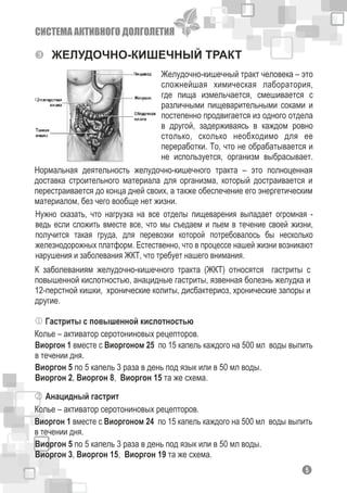 СИСТЕМА АКТИВНОГО ДОЛГОЛЕТИЯ
ЖЕЛУДОЧНО-КИШЕЧНЫЙ ТРАКТ
Желудочно-кишечный тракт человека – это
сложнейшая химическая лаборатория,
где пища измельчается, смешивается с
различными пищеварительными соками и
постепенно продвигается из одного отдела
в другой, задерживаясь в каждом ровно
столько, сколько необходимо для ее
переработки. То, что не обрабатывается и
не используется, организм выбрасывает.
Нормальная деятельность желудочно-кишечного тракта – это полноценная
доставка строительного материала для организма, который достраивается и
перестраивается до конца дней своих, а также обеспечение его энергетическим
материалом, без чего вообще нет жизни.
Нужно сказать, что нагрузка на все отделы пищеварения выпадает огромная -
ведь если сложить вместе все, что мы съедаем и пьем в течение своей жизни,
получится такая груда, для перевозки которой потребовалось бы несколько
железнодорожных платформ. Естественно, что в процессе нашей жизни возникают
нарушения и заболевания ЖКТ, что требует нашего внимания.
К заболеваниям желудочно-кишечного тракта (ЖКТ) относятся гастриты с
повышенной кислотностью, анацидные гастриты, язвенная болезнь желудка и
12-перстной кишки, хронические колиты, дисбактериоз, хронические запоры и
другие.
Гастриты с повышенной кислотностью
Колье – активатор серотониновых рецепторов.
Виоргон 5 по 5 капель 3 раза в день под язык или в 50 мл воды.
Виоргон 2, Виоргон 8, Виоргон 15 та же схема.
Виоргон 1 вместе с Виоргоном 25 по 15 капель каждого на 500 мл воды выпить
в течении дня.
Анацидный гастрит
Виоргон 1 вместе с Виоргоном 24 по 15 капель каждого на 500 мл воды выпить
в течении дня.
Виоргон 5 по 5 капель 3 раза в день под язык или в 50 мл воды.
Виоргон 3, Виоргон 15, Виоргон 19 та же схема.
Колье – активатор серотониновых рецепторов.
15
 
