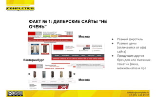 ФАКТ № 1: ДИЛЕРСКИЕ САЙТЫ “НЕ
ОЧЕНЬ”
Москва
Екатеринбург
Москва
● Разный фирстиль
● Разные цены
(отличаются от офф
сайта)
● Продукция других
брендов или смежных
тематик (окна,
межкомнатка и пр)
Маркетинговая группа Комплето | +7 (495) 640-89-97 | www.completo.ru
 