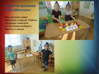 Сюжетно-ролевая
игра «Магазин»
Наш магазин имеет
несколько отделов. Ребята-
продавцы помогали
покупателям выбирать
фрукты и овощи
 