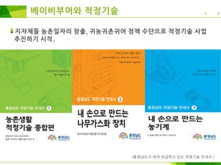베이비부머와 적정기술
(충청남도가 제작 보급하고 있는 적정기술 안내서 )
지자체들 농촌일자리 창출, 귀농귀촌귀어 정책 수단으로 적정기술 사업
추진하기 시작.
 