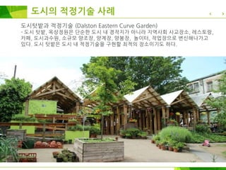 도시텃밭과 적정기술 (Dalston Eastern Curve Garden)
- 도시 텃밭, 옥상정원은 단순한 도시 내 경작지가 아니라 지역사회 사교장소, 레스토랑,
카페, 도시과수원, 소규모 양조장, 양계장, 양봉장, 놀이터, 작업장으로 변신해나가고
있다. 도시 텃밭은 도시 내 적정기술을 구현할 최적의 장소이기도 하다.
도시의 적정기술 사례
 