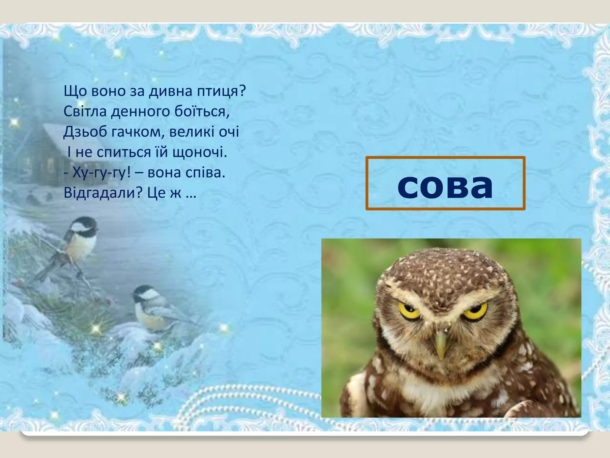 Що воно за дивна птиця?
Світла денного боїться,
Дзьоб гачком, великі очі
І не спиться їй щоночі.
- Ху-гу-гу! – вона співа.
Відгадали? Це ж … сова
 