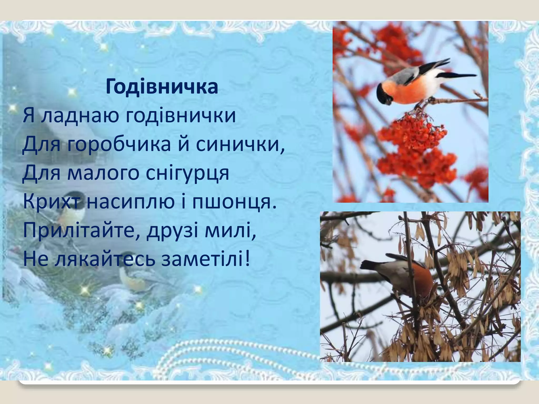 Годівничка
Я ладнаю годівнички
Для горобчика й синички,
Для малого снігурця
Крихт насиплю і пшонця.
Прилітайте, друзі милі,
Не лякайтесь заметілі!
 