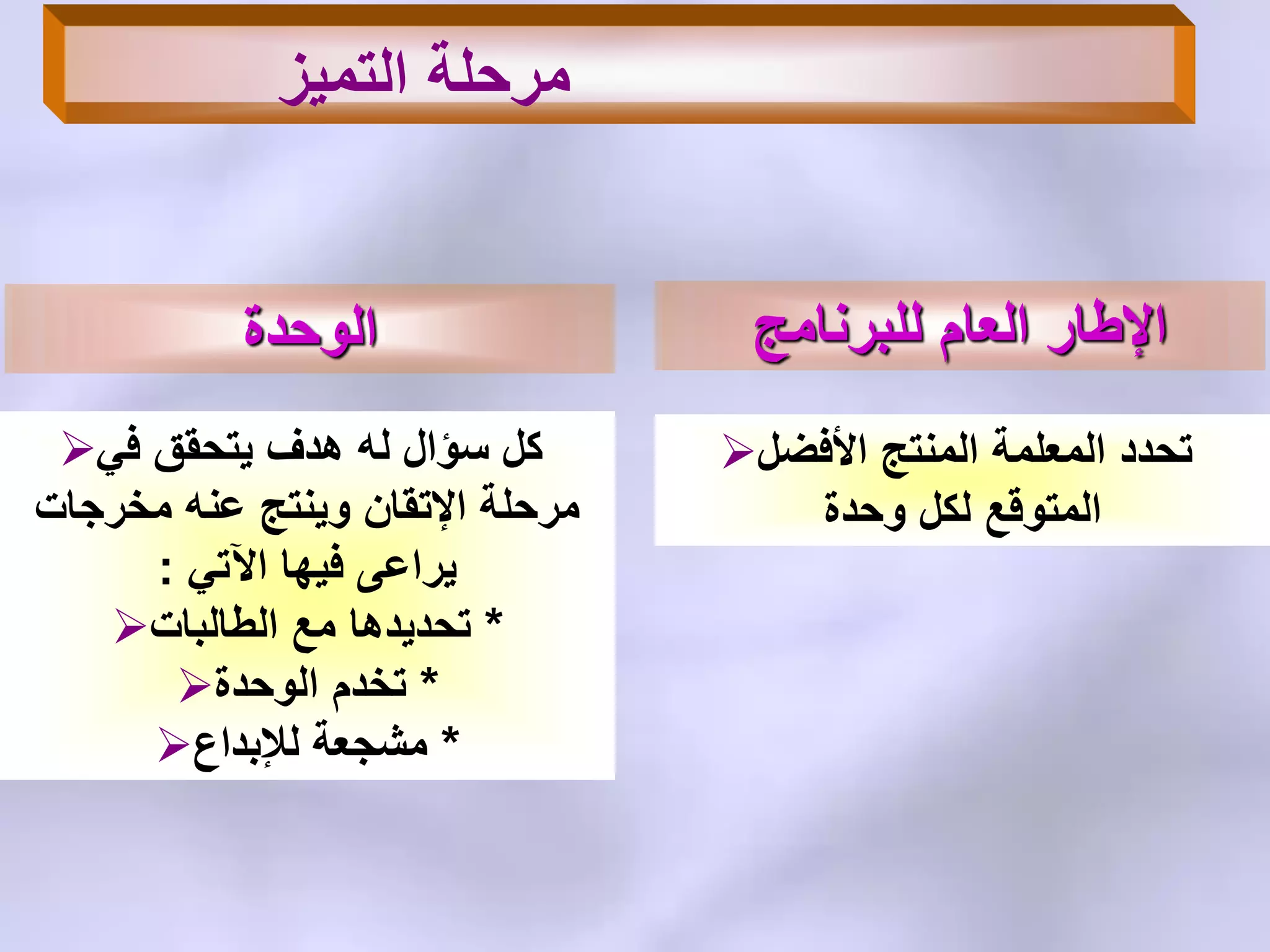 ‫التمٌز‬ ‫مرحلة‬
‫للبرنامج‬ ‫العام‬ ‫اإلطار‬‫الوحدة‬
‫األفضل‬ ‫المنتج‬ ‫المعلمة‬ ‫تحدد‬
‫وحدة‬ ‫لكل‬ ‫المتوقع‬
ً‫ف‬ ‫ٌتحقق‬ ‫هدف‬ ‫له‬ ‫سؤال‬ ‫كل‬
‫مخرجات‬ ‫عنه‬ ‫وٌنتج‬ ‫اإلتقان‬ ‫مرحلة‬
ً‫اآلت‬ ‫فٌها‬ ‫ٌراعى‬:
 *‫الطالبات‬ ‫مع‬ ‫تحدٌدها‬
 *‫الوحدة‬ ‫تخدم‬
 *‫لإلبداع‬ ‫مشجعة‬
 