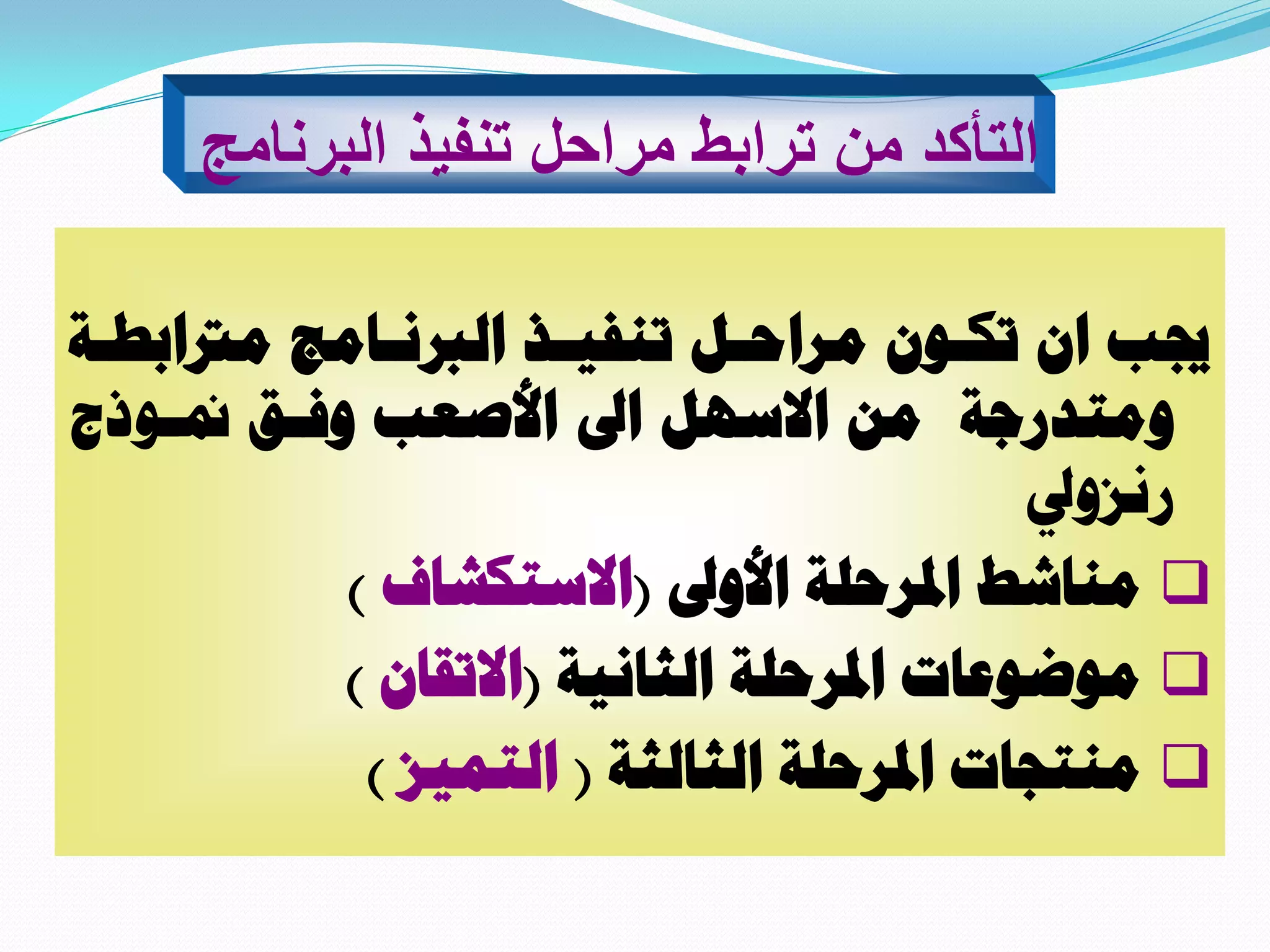 ‫ٓرتحرــش‬ ‫حُربٗـخٓؾ‬ ‫ط٘ل٤ـز‬ َ‫ٓشحكـ‬ ٕٞ‫طٌـ‬ ٕ‫ح‬ ‫جيذ‬
‫حألطؼذ‬ ‫حىل‬ َٜ‫حالع‬ ٖٓ ‫ٝٓظذسؿش‬‫ٝكـن‬‫منـٞرؽ‬
‫سٗضٝيل‬
‫حألٝىل‬ ‫حدلشكِش‬ ‫ٓ٘خشؾ‬(‫حالعظٌشخف‬)
‫حُؼخٗ٤ش‬ ‫حدلشكِش‬ ‫ٓٞػٞػخص‬(ٕ‫حالطوخ‬)
‫حُؼخُؼش‬ ‫حدلشكِش‬ ‫ٓ٘ظـخص‬(‫حُظٔ٤ض‬)
‫البرنامج‬ ‫تنفٌذ‬ ‫مراحل‬ ‫ترابط‬ ‫من‬ ‫التأكد‬
 